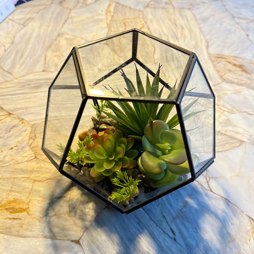 Geometric Glass Terrarium Faux Succulent Plant Arrangement Desk Decor
